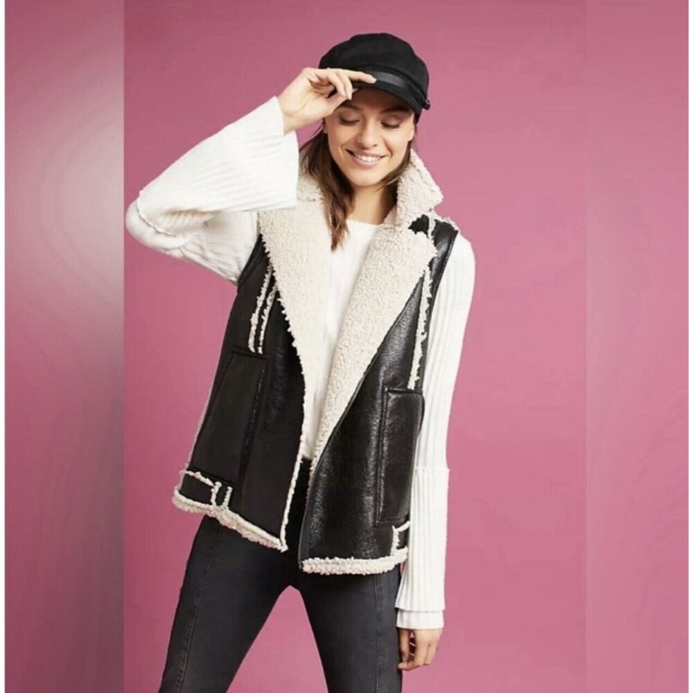 Greylin M Petite Moto Style PU Leather Reversible Black Vest Sherpa Lining Goth